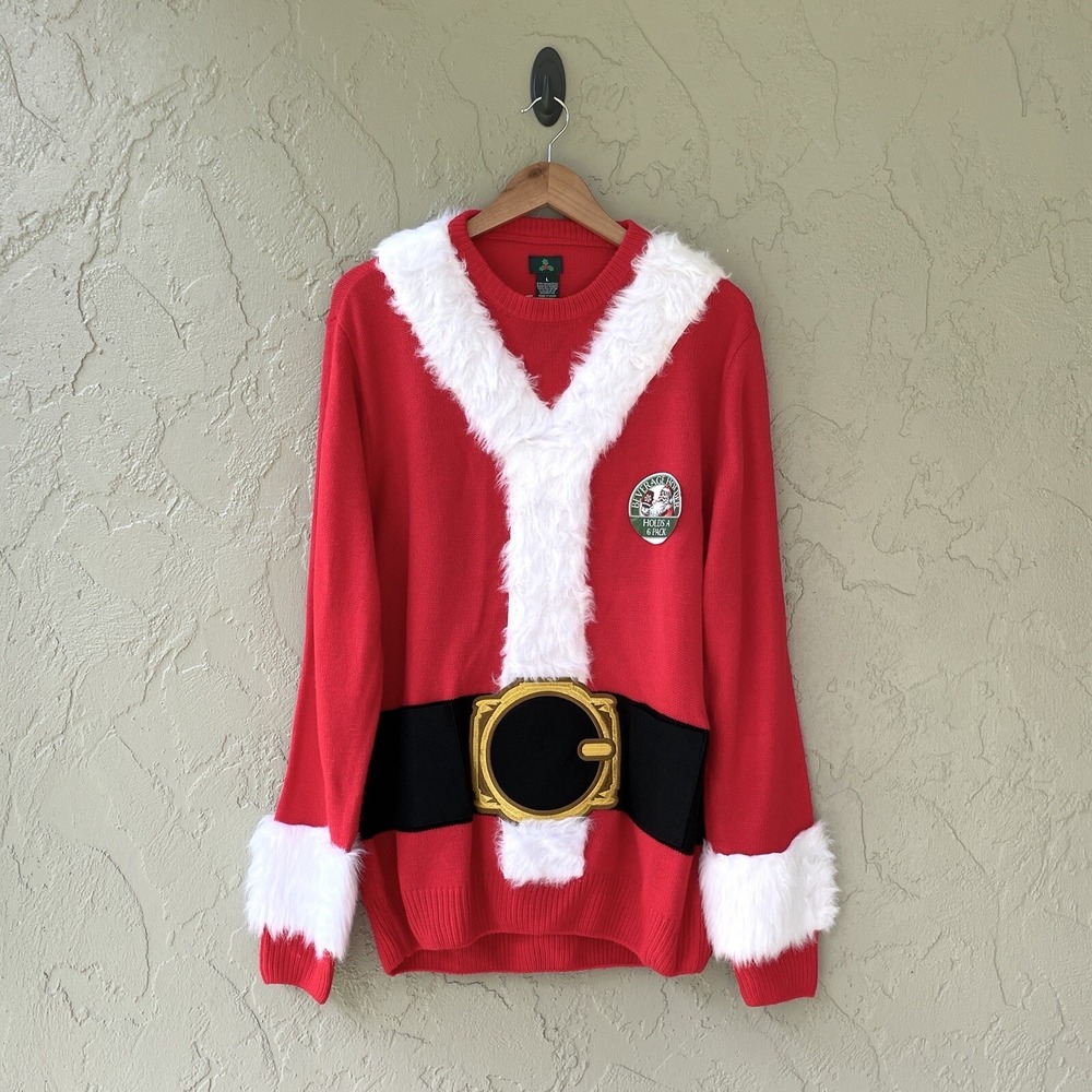 Holiday Party Ugly Christmas Sweater Unisex L Santa Suit 6 Pack Beverage Holder
